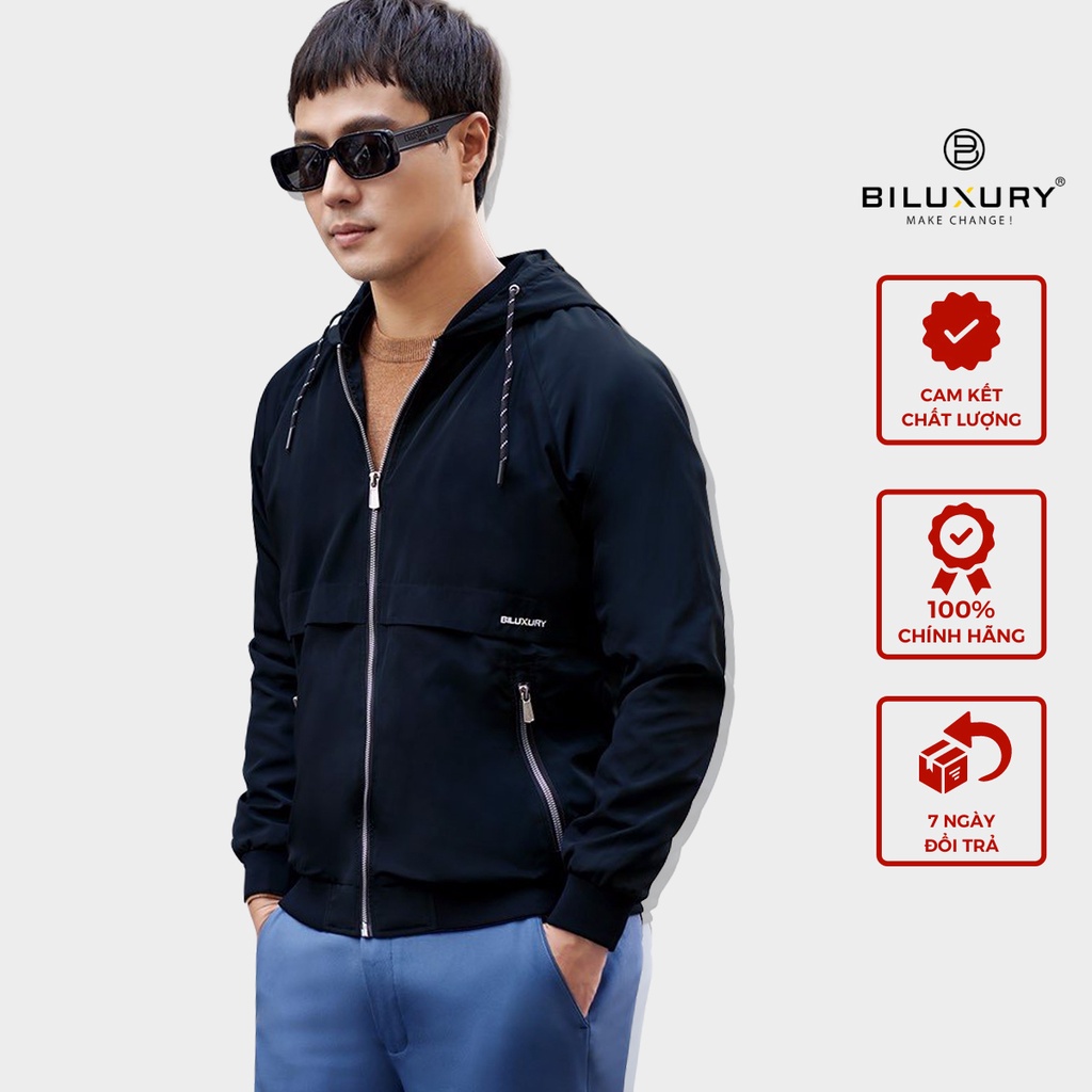 Áo khoác nam Biluxury có mũ vải poly 2 lớp cản gió chống nước nhẹ form suông 5AG2T004