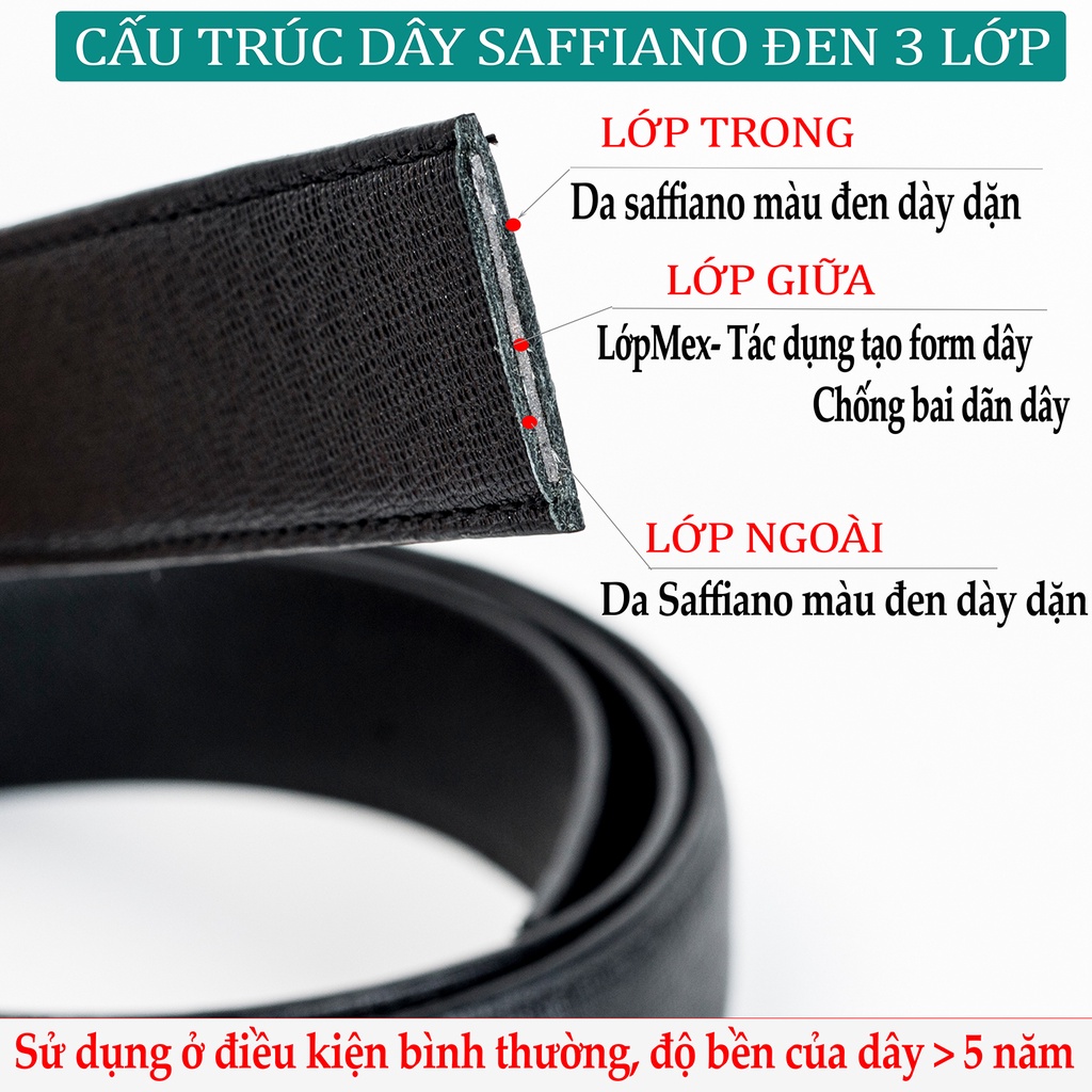 Thắt lưng nam da saffiano cao cấp Bụi leather - L106, 3 lớp màu đen, mặt khóa tăng tự động thép không gỉ, BH 12 tháng