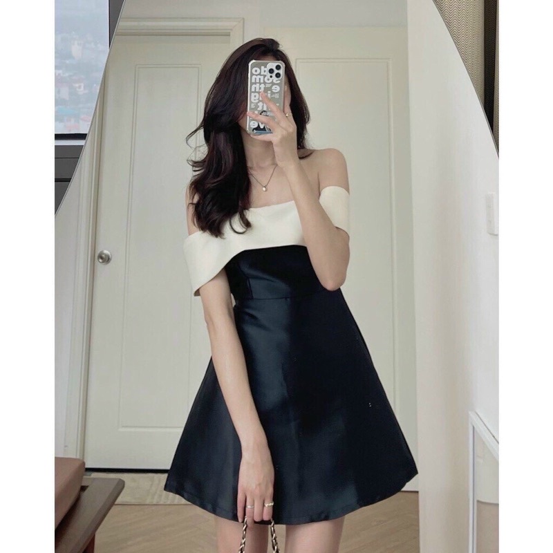 Đầm Midi Trể Vai Màu Đen Quý Phái,Váy Nữ Rớt Vai Đính Nơ Lưng Sang Trọng,Đầm Tiểu Thư Đi Tiệc Chất TapTa