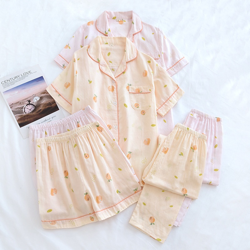 Bộ Đồ Ngủ Pijama 3 Món Bằng Cotton Nguyên Chất Hai Lớp In Họa Tiết Thời Trang Cho Nữ