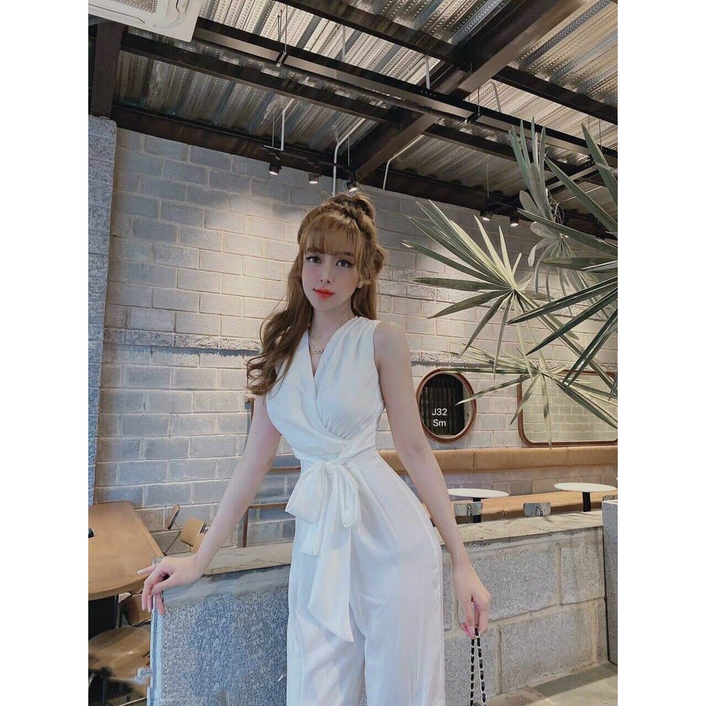 Jumpsuit Dài 💝FREESHIP💝 Jum dài ống suông cổ V phối dây cột eo xinh xắn