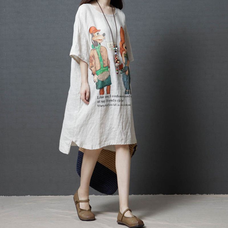 Đầm suông dáng rộng tay ngắn in hình hoạt hình kích thước M-2XL | BigBuy360 - bigbuy360.vn