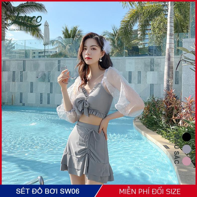 Áo bơi nữ 2 mảnh liền kín đáo Louro, kiểu bikini đi biển tay ngắn chun eo tay bồng phong cách đồ bơi hàn quốc - SW06  ྇ | BigBuy360 - bigbuy360.vn