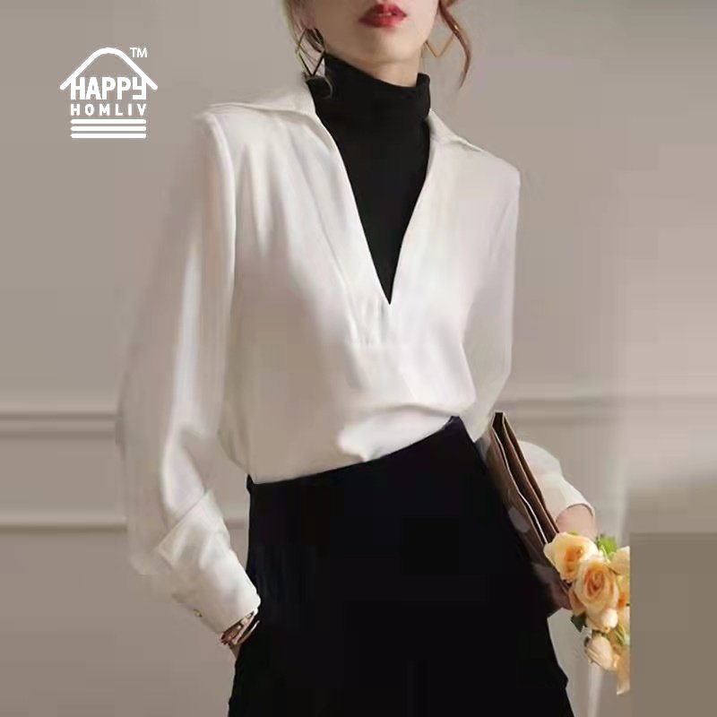 HAPPY HOMLIV Áo Sơ Mi Chiffon Trắng Giả Hai Lớp Cổ Chữ V Dày Dặn Phong Cách Hàn Quốc Cho Nữ big Size