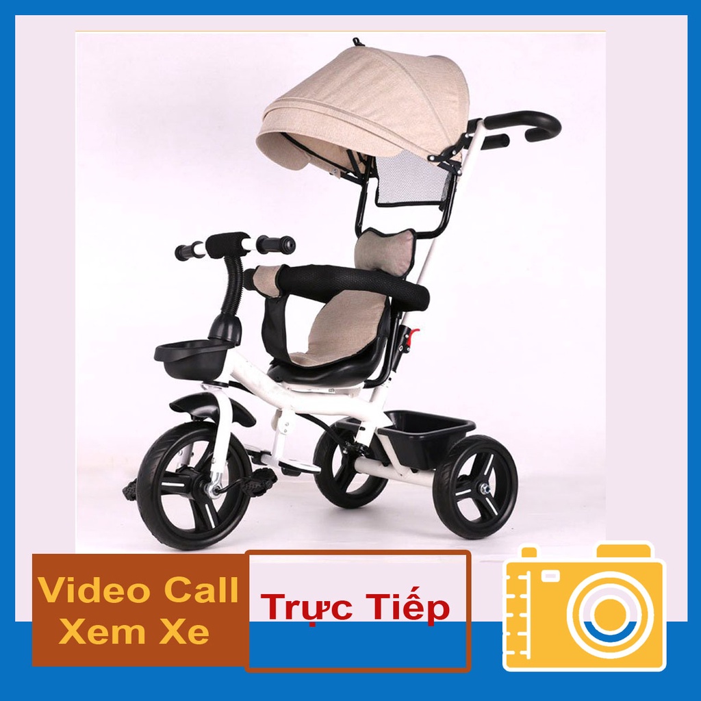 [Xả Kho] Xe đẩy ba bánh có mái che cho bé màu be , có chuông, vòng đai an toàn, phù hợp cho trẻ từ 1-5 tuổi