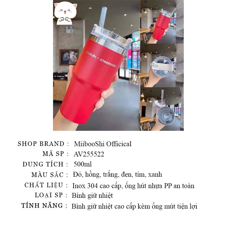 Bình nước giữ nhiệt cute mini starbucks có ống hút lõi inox 304 cao cấp 500ml MiibooShi AV255522