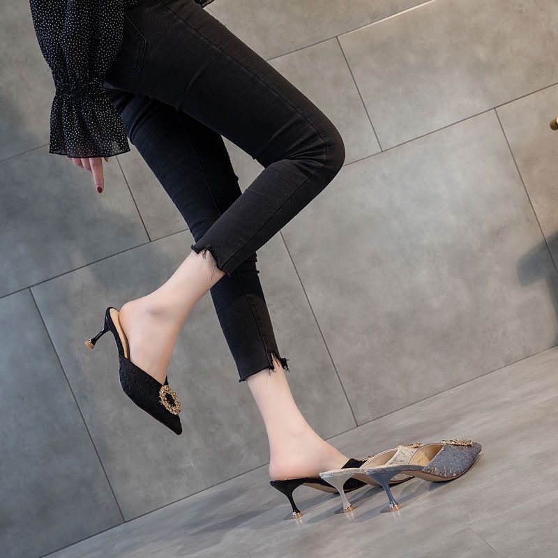 XIELUAIZTA Dép Cao Gót 6CM Mũi Nhọn Phối Kim Loại Thời Trang 02276 Cho Nữ