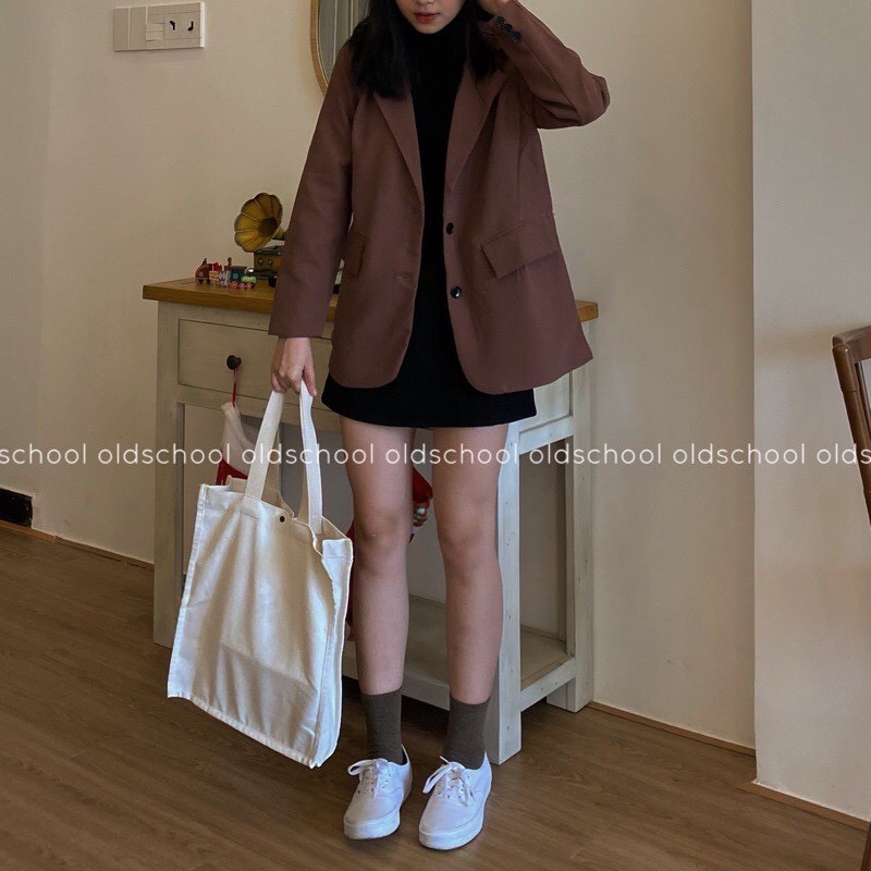 Áo blazer dáng rộng 2 lớp màu nâu phong cách retro