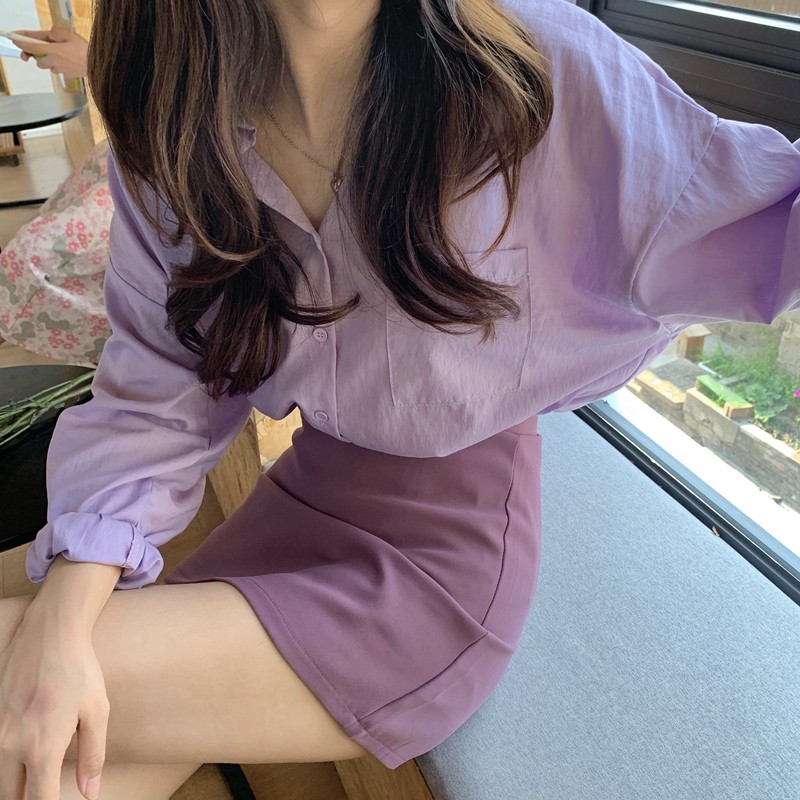 (ORDER) Set áo sơ mi dài tay màu tím pastel+ Chân váy dáng chữ A nhẹ nhàng trẻ trung Hàn Quốc _ ulzzang style