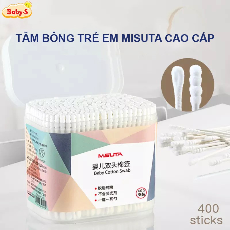 Tăm bông trẻ em, Tăm bông cho bé sơ sinh chuyên dụng hộp 400 que Misuta cao cấp Baby-S – SSS020