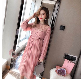 [ĐẦM THIẾT KẾ] Đầm bầu đi tiệc màu hồng ren cổ chất voan đẹp