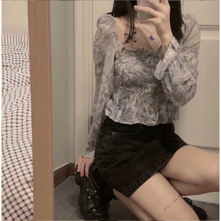 [Mã FASHIONI9 giảm 10k đơn 0đ] Áo Voan Xếp Ly Cổ Vuông Họa Tiết Xinh Xắn Dành Cho Bạn Gái, Áo Kiểu Chất Chiffon Hàn Quốc | BigBuy360 - bigbuy360.vn