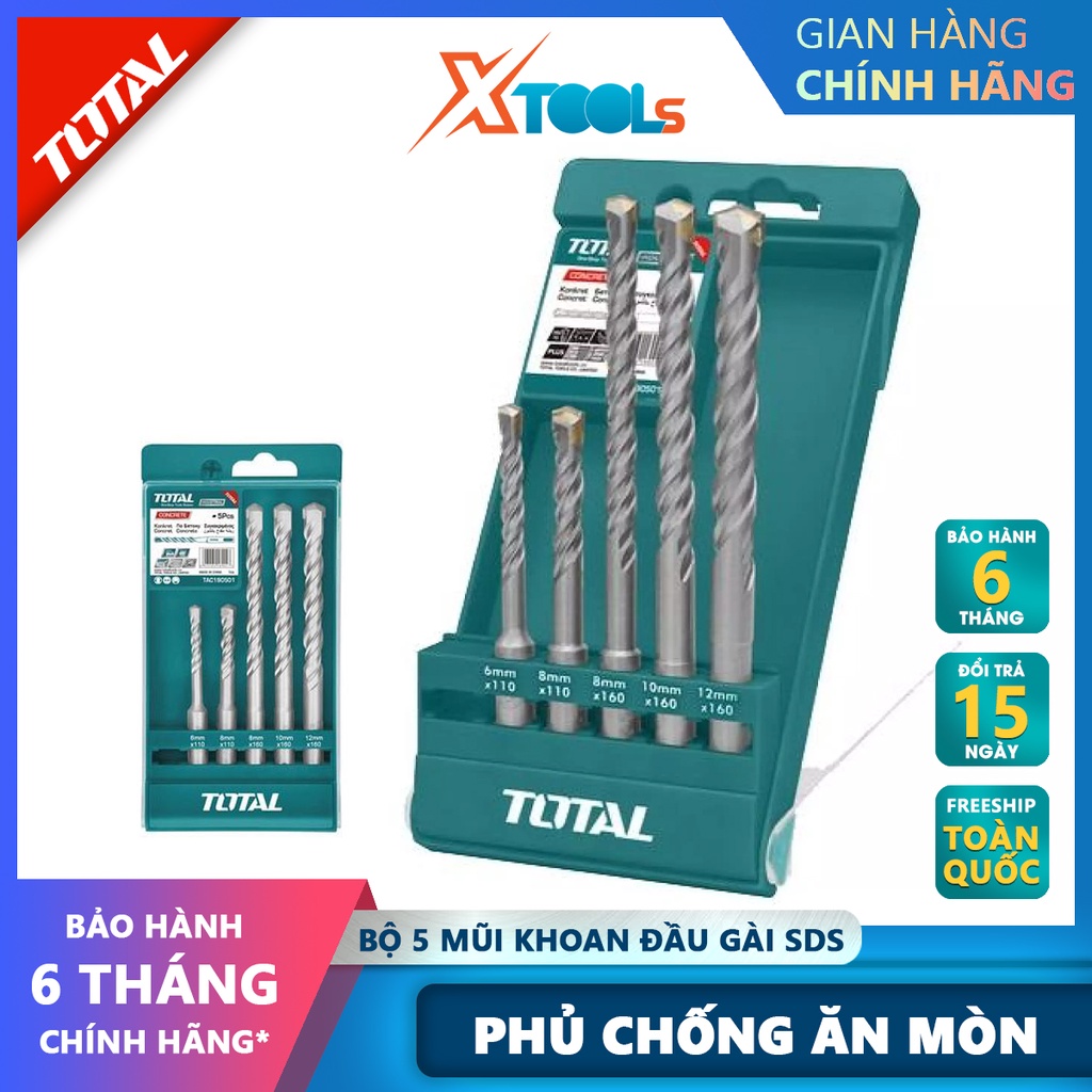 Bộ 5 mũi khoan bê tông TOTAL TAC190501 Combo 5 mũi khoan đuôi gài 5 mũi có kích thước 5x85, 6x100, 6.5x120, 8x120, 10x1