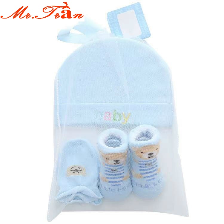 Set 3 món bao tay, bao chân và mũ thóp loại cao cấp siêu mềm cho bé sơ sinh trong túi lưới