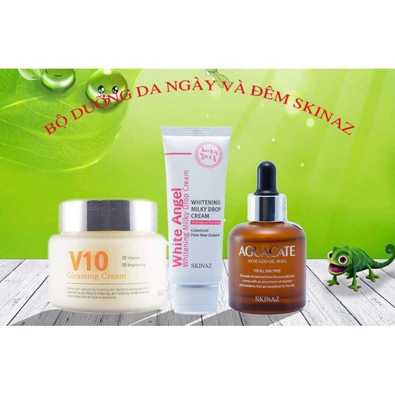 BỘ DƯỠNG DA NGÀY ĐÊM SKINAZ KEM V10 + KEM WHITE ANGEL + TINH CHẤT BƠ SKINAZ