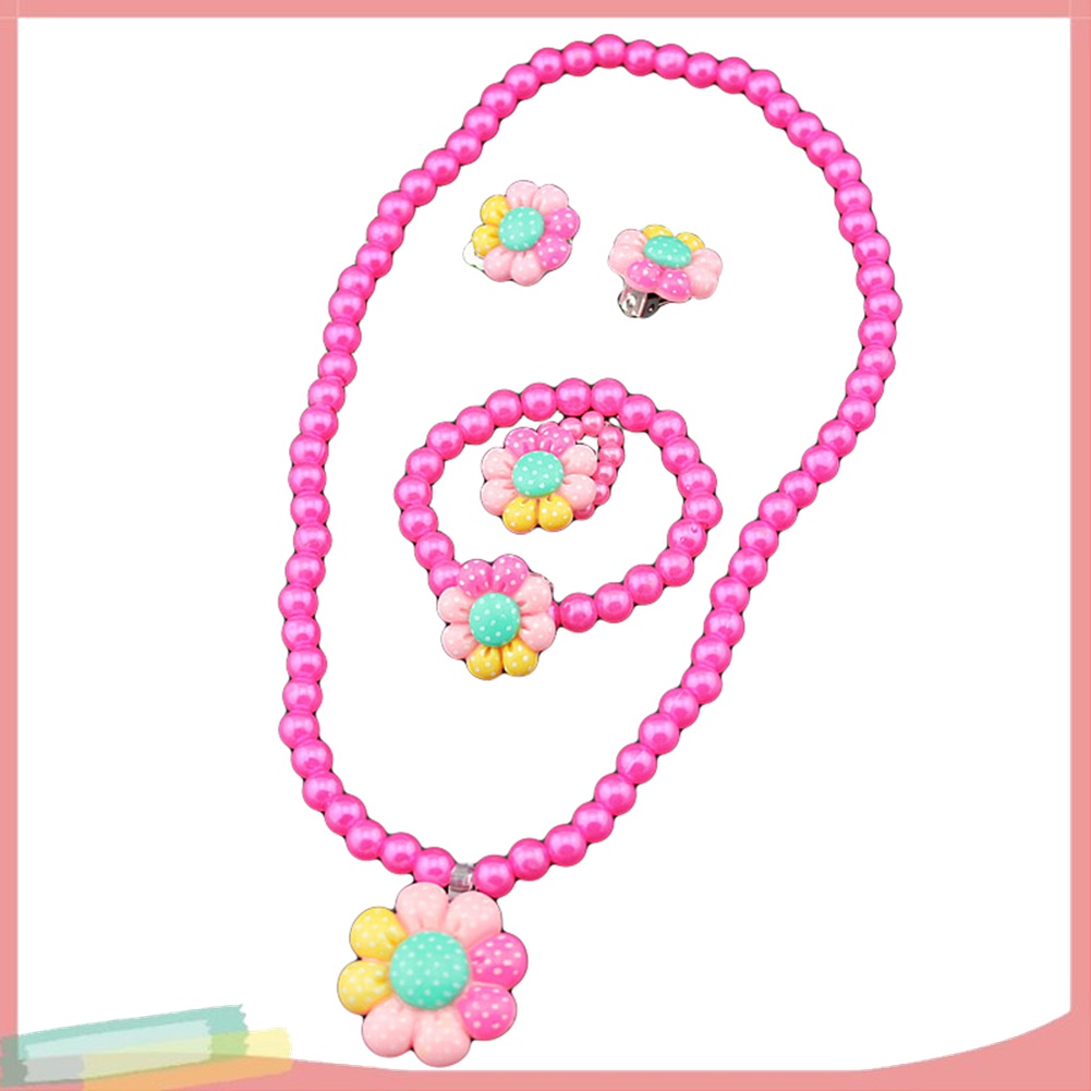 Bộ Trang Sức Gồm Vòng cổ / Vòng Tay / Nhẫn / Bông Tai Hình Hoa Đính Ngọc Trai Nhân Tạo Dễ Thương Cho Bé Gái