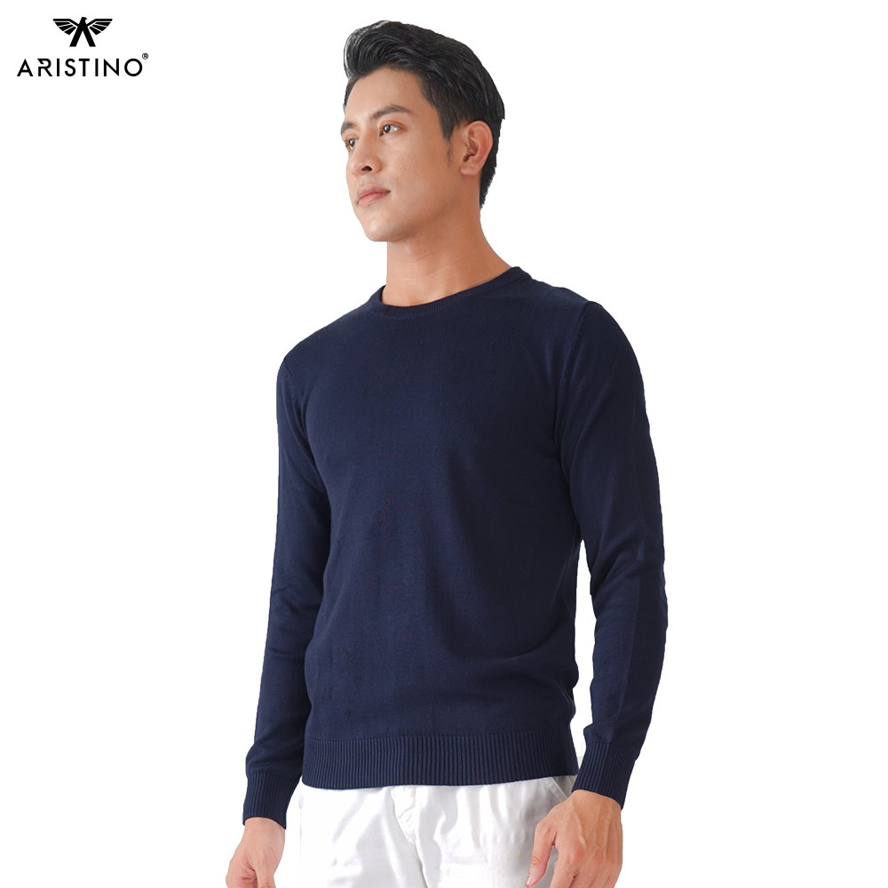 Áo Len Nam Cổ Tròn Aristino AWO001W8 Dáng Regular Fit Dệt bo cổ và tay áo Màu xanh tím than Len Acrylic nhẹ ấm đàn hồi