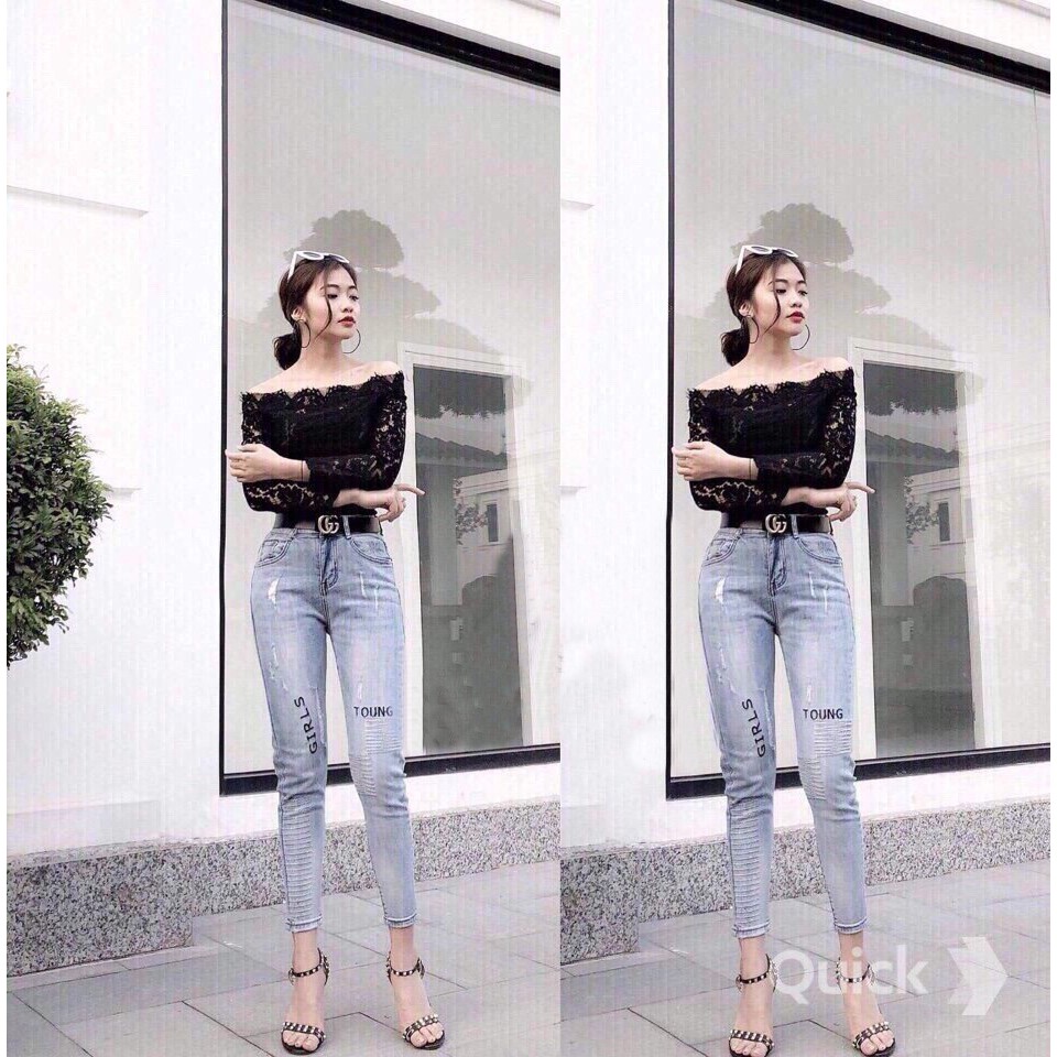 Quần Jeans Nữ Co Giãn Hoạ Tiết Chữ Cao Cấp OHS521