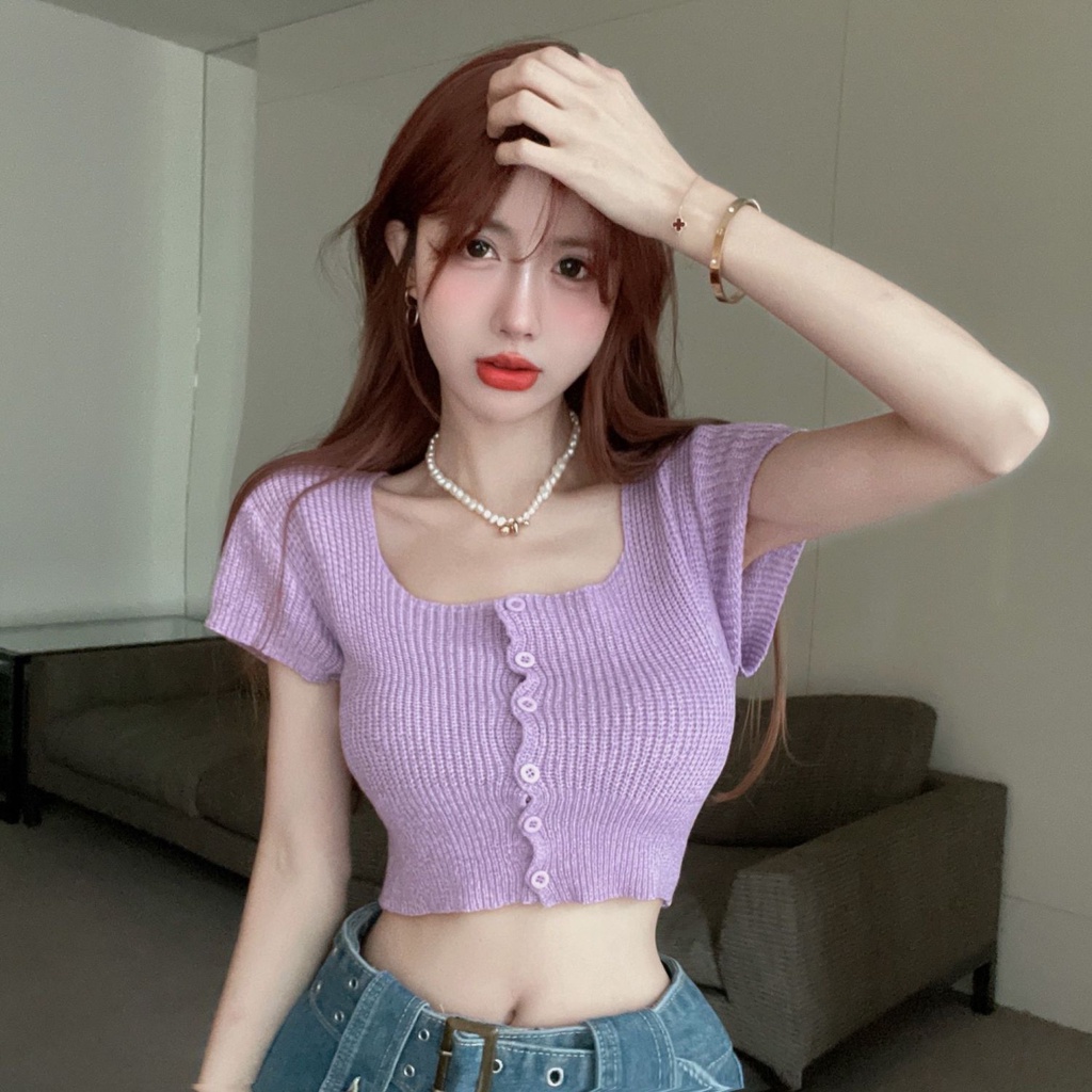 [MURIOKI] Áo Thun Dệt Kim Dáng Ngắn Co Giãn Nhiều Màu Sắc Thời Trang 2022 Cho Nữ Đen