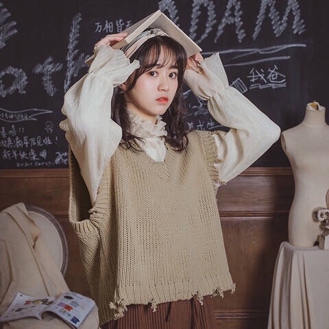 Áo Sweater Dệt Kim Không Tay Cổ Chữ V Phối Ren Xinh Xắn Theo Phong Cách Xuân Thu Hàn Quốc