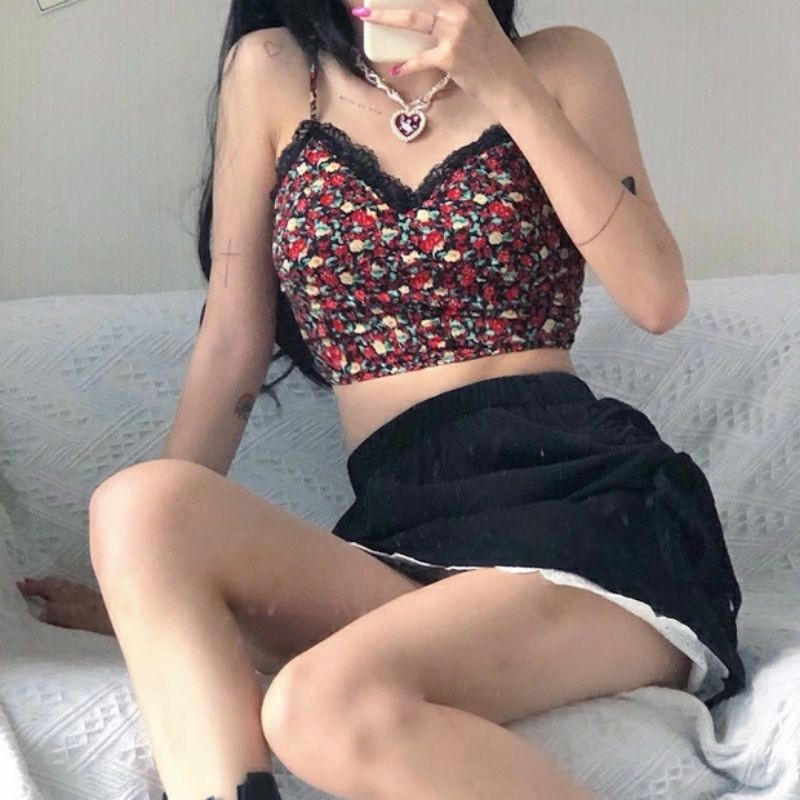 6:30PM Order Set áo croptop hai dây hoa nhí chân váy phối ren ulzzang