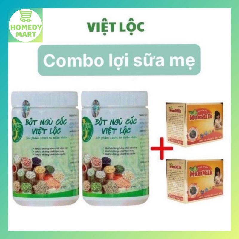 Combo lợi sữa sau sinh gồm ngũ cốc lợi sữa việt lộc và cốm lợi sữa mummilk, giúp tăng tiết sữa, sữa thơm, dinh dưỡng hơn