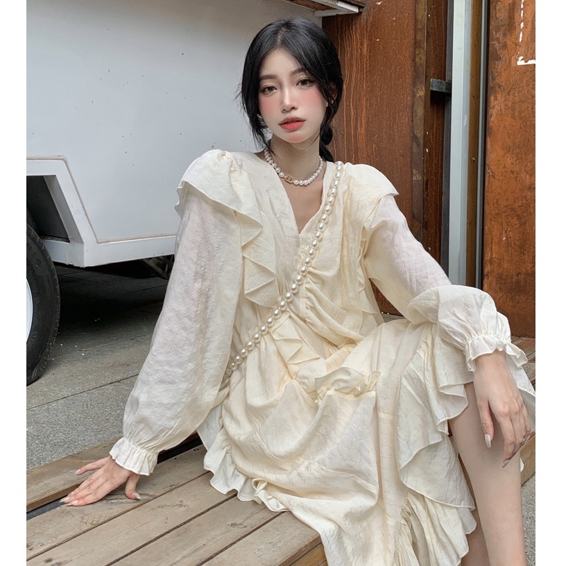Đầm Phối Bèo Form Ôm Thời Trang Pháp Cho Nữ
