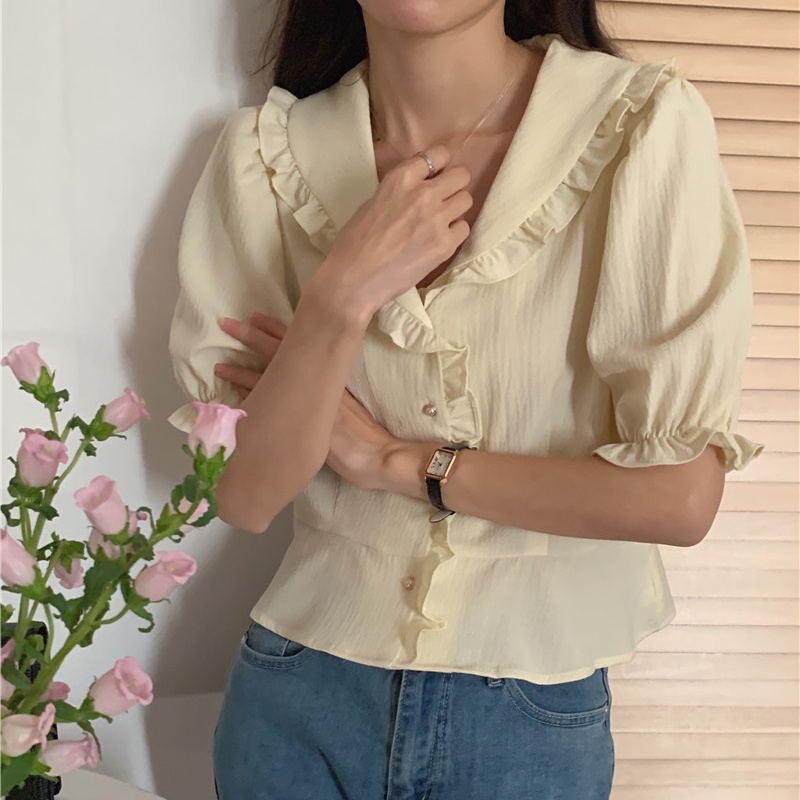 SUXI Áo Sơ Mi Tay Ngắn Cổ Chữ V Màu Sắc Đơn Giản Phong Cách Hàn Quốc Cho Nữ