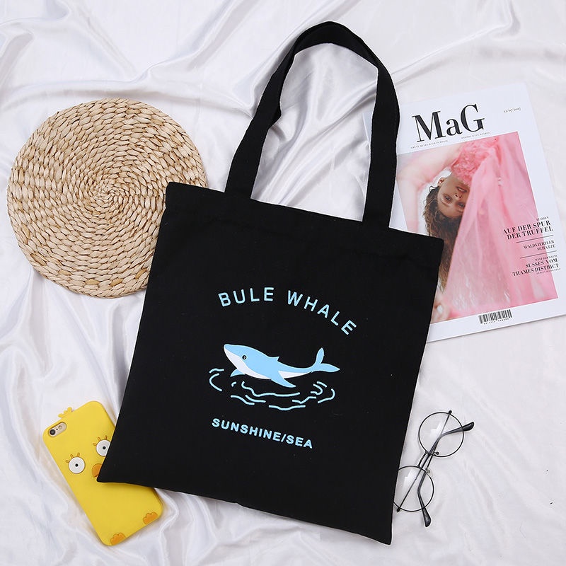 Túi Tote Vải Canvas In Họa Tiết Màu Trắng Đen Phối Khóa Kéo Đơn Giản Phong Cách Hàn Quốc