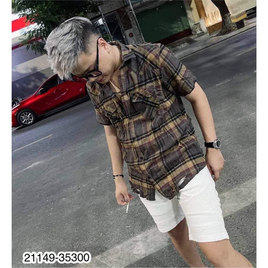 Sơ mi kẻ BBR - Áo sơ mi cộc tay dáng ôm tạo rách phong cách HÀN QUỐC - Áo sơ mi nam cao cấp.