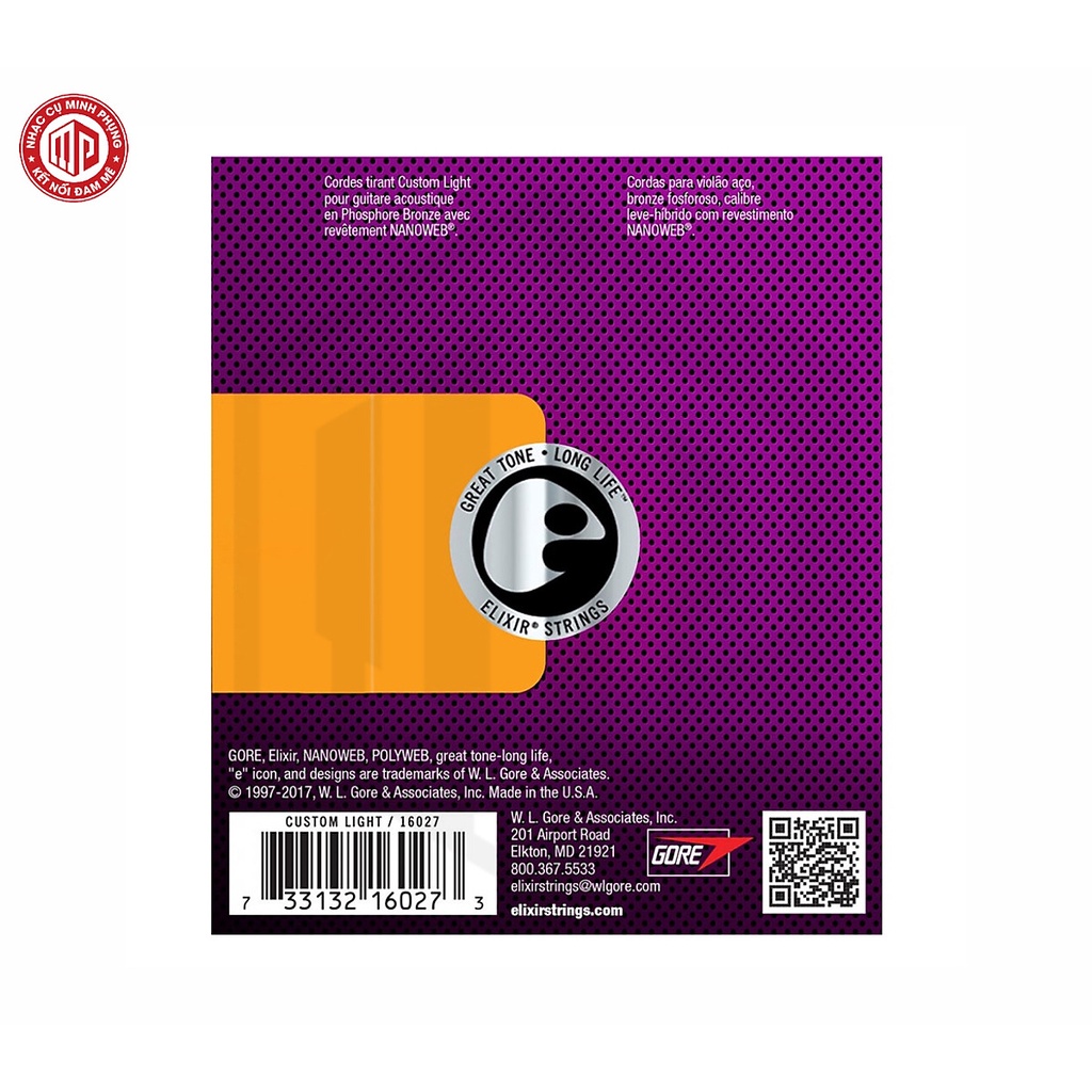 Bộ dây đàn Elixir 16027 Nanoweb Phosphor Bronze Acoustic Guitar Strings 11-52 — E20-16027 - Hàng chính hãng