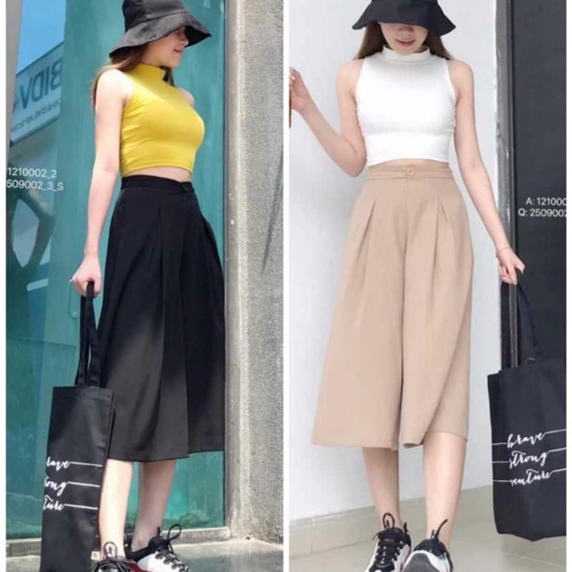 Quần culottes lửng nữ ống suông rộng chất đũi xếp ly siêu Hot