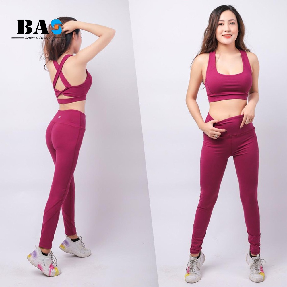 Set đồ tập gym yoga aerobic BAS bra xoắn lưng cá tính phối legging nâng mông - S40023