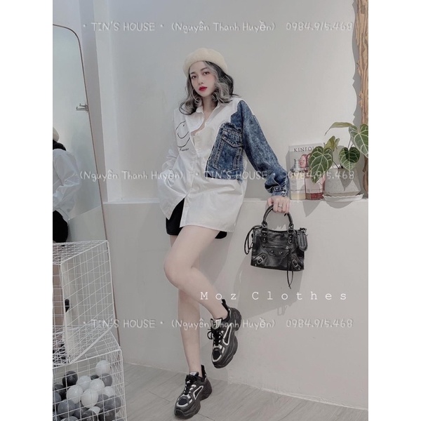 Áo sơ mi nữ, Áo sơ mi trắng form rộng giấu quần pha bò hàng loại 1