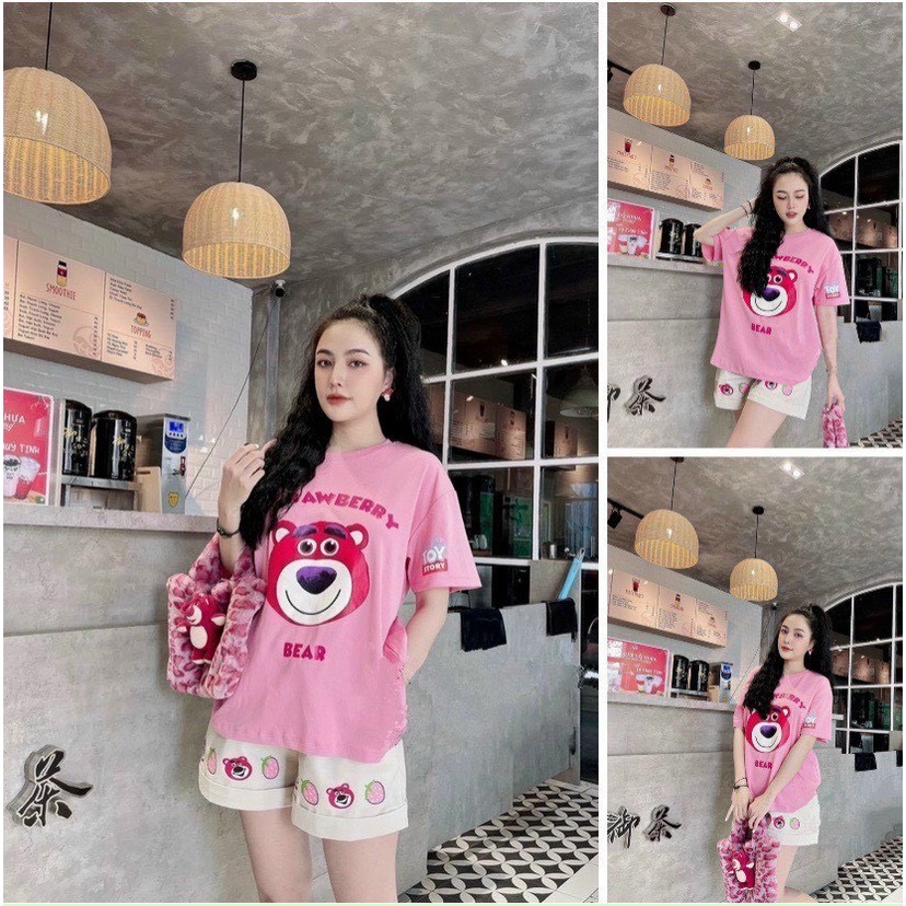 Set áo thun gấu hồng + quần short nude hoạ tiết siêu cute đi chơi dạo phố siêu hợp