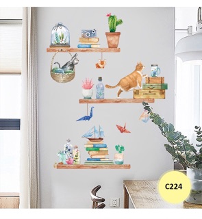Decal mèo kệ sách cute