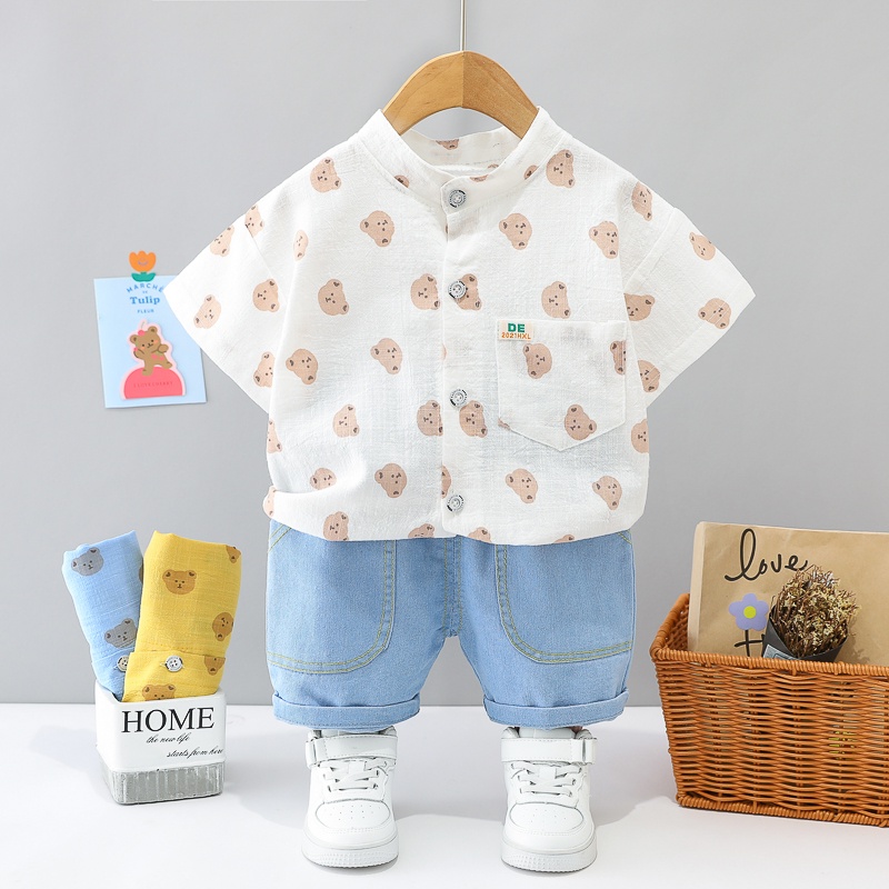 Set Đồ Mùa Hè 2 Món Gồm Áo Sơ Mi Cổ Bẻ In Họa Tiết Gấu + Quần Ngắn Đơn Giản Cho Bé Sơ Sinh