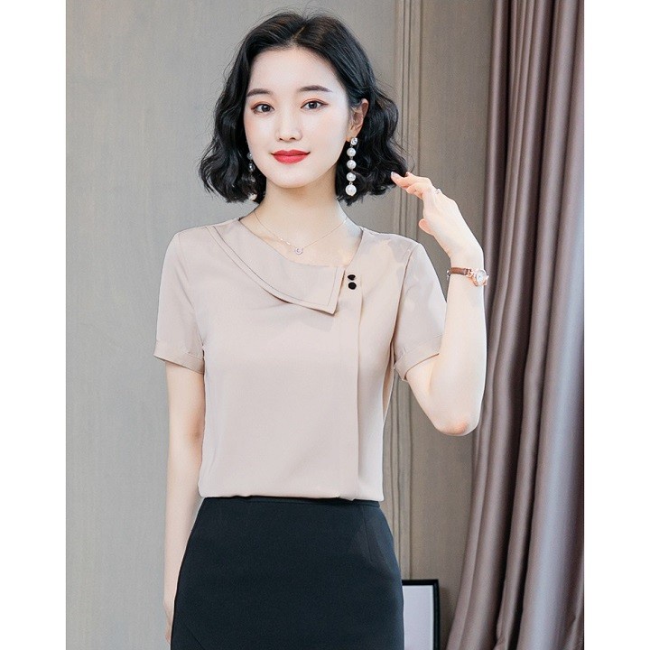 Áo sơ mi công sở cộc tay cổ lệch phong cách đơn giản, chất vải lụa mềm mại, mặc nhẹ nhàng giá rẻ