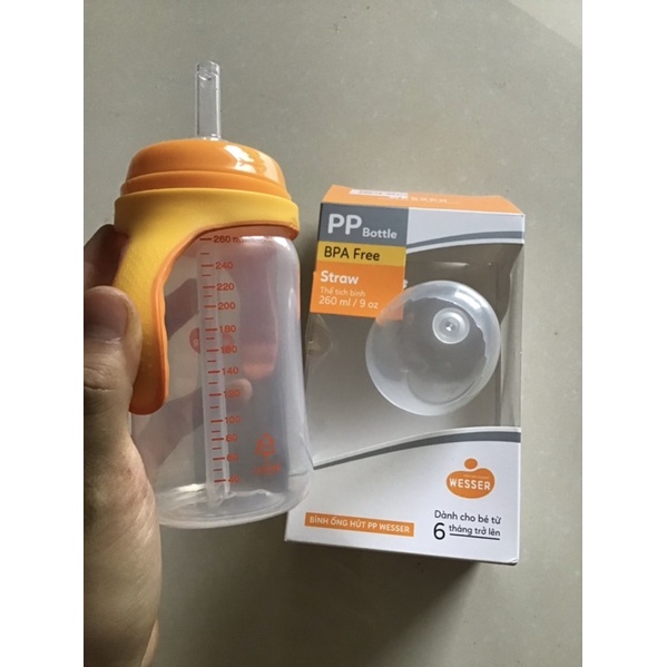 Bình ống hút PP WESSER 260ml không bị đổ cho bé từ 6 tháng