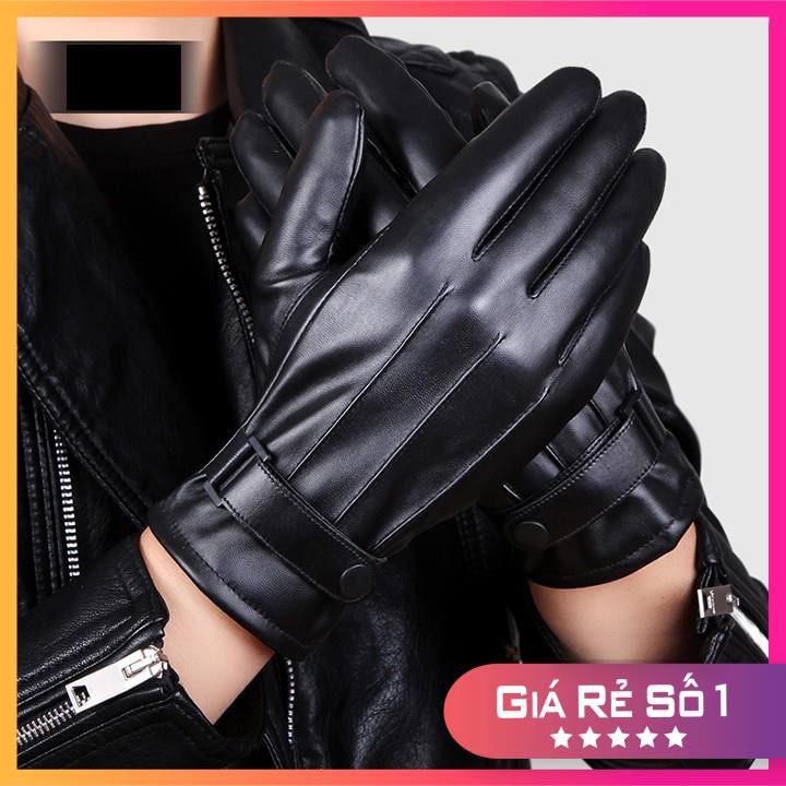 Găng Tay Da Lót Lông FREE SHIP Siêu ấm Gang tay cảm ứng điện thoại màu đen nam tính đường gân may cách điệu