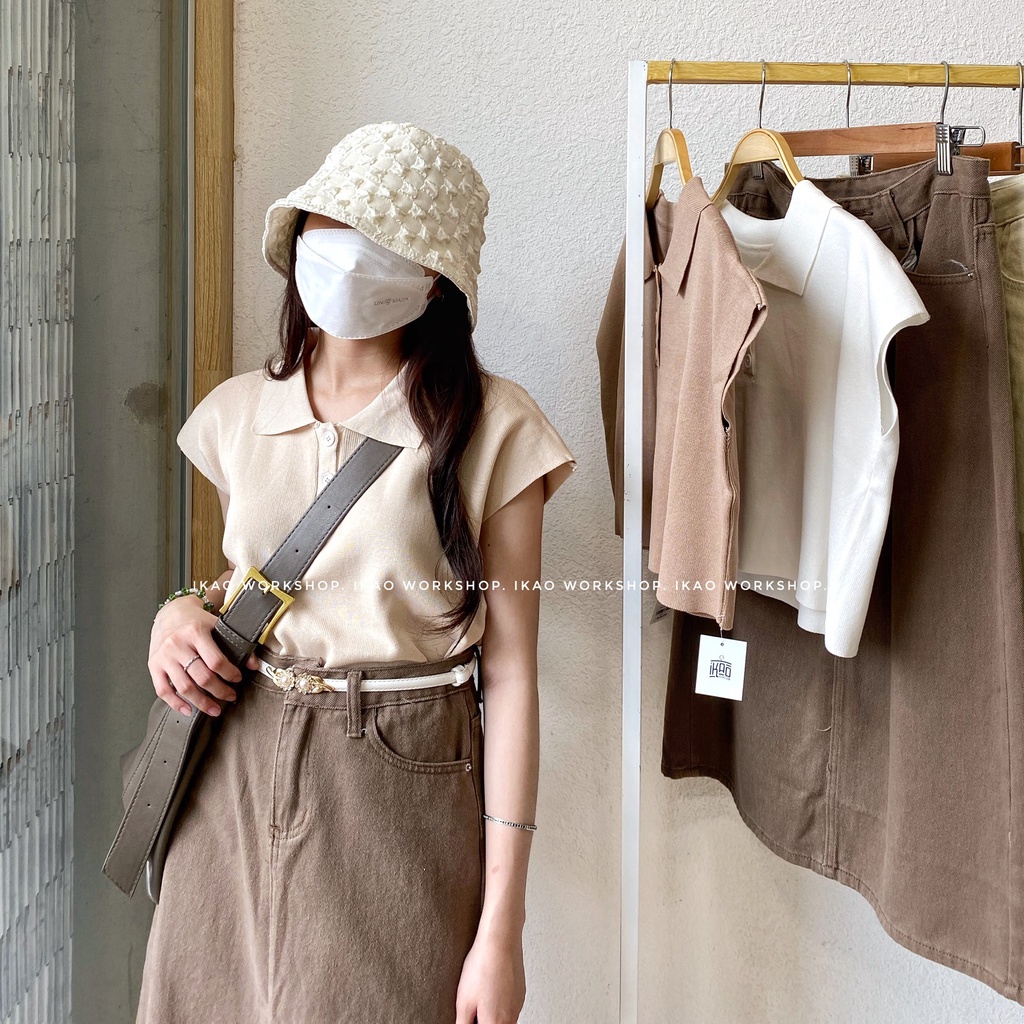 Áo thun croptop dệt kim nữ tay ngắn IKAO STATION Áo thun croptop nhiều màu cổ bẻ đáng yêu thời trang Hàn Quốc