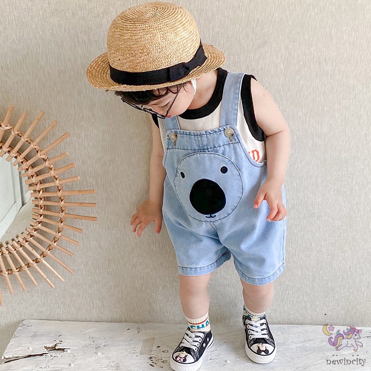 Quần yếm denim thêu họa tiết gấu ngộ nghĩnh đáng yêu phong cách Hàn Quốc thời trang cho bé
