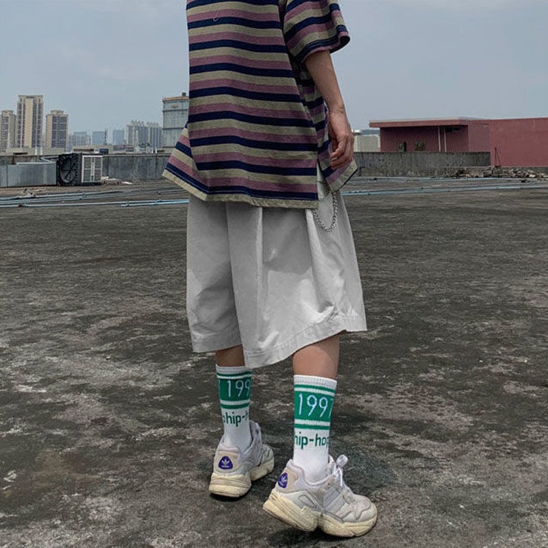 Quần Short Ống Rộng Phối Dây Xích Phong Cách Nhật Bản Thời Trang Mùa Hè Dành Cho Nam Và Nữ