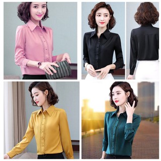 Áo Sơ Mi Nữ Cổ Bẻ Tay Dài Phối Ren Ngực - BY6375
