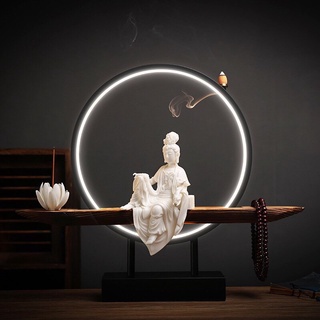 Thác khói trầm hương Phật Quan âm trắng đèn led tặng 5 nụ trầm
