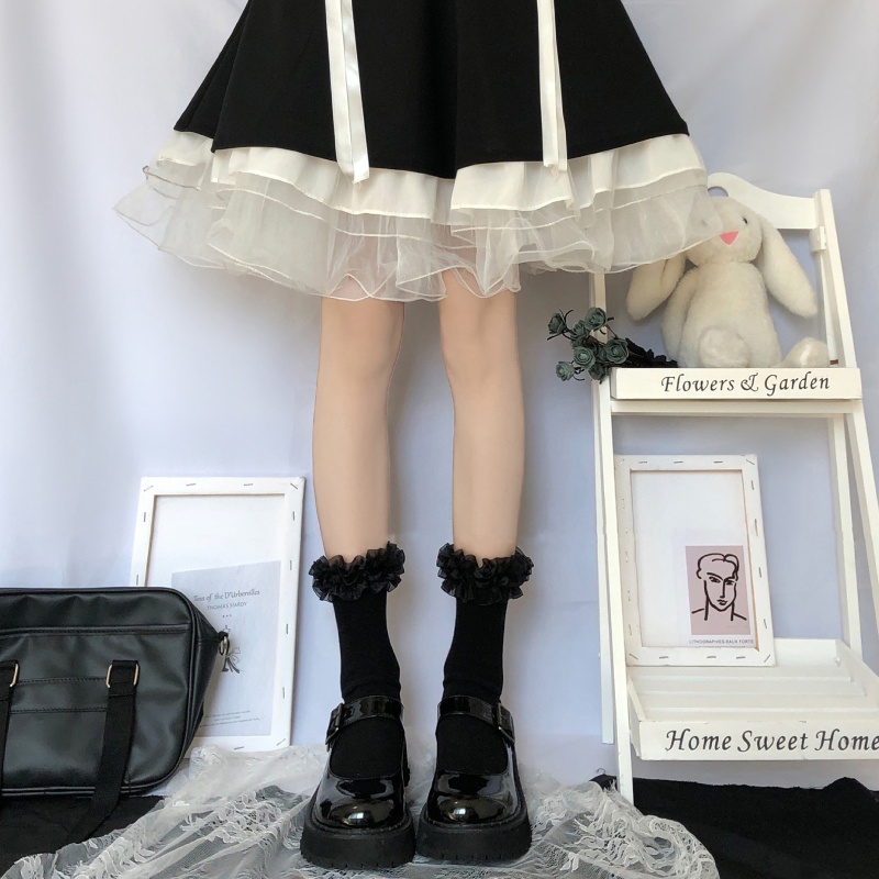 Xixi Vớ Cotton Cổ Thuyền Màu Trơn Viền Ren Nhún Bèo Phong Cách Harajuku Nhật Bản Ngọt Ngào Cho Nữ