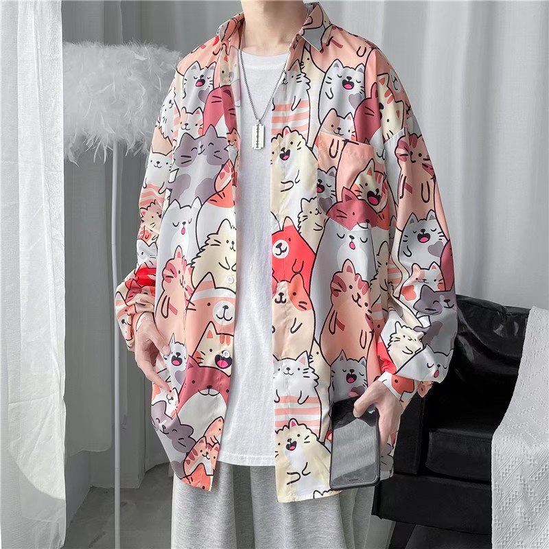 Áo Sơ Mi Nam Dài Tay In Hình Mèo Hoạt Hình Dễ Thương Phong Cách Hàn Quốc