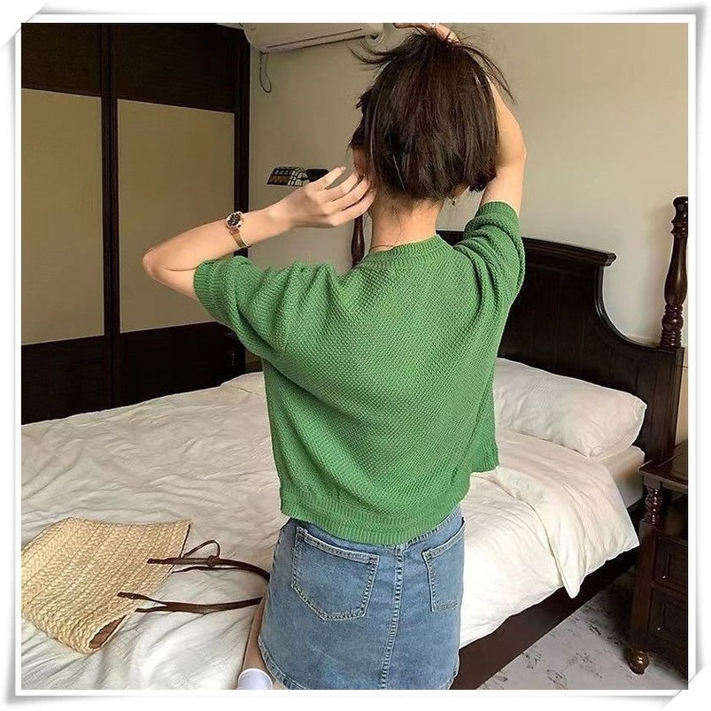Áo Cardigan Dệt Kim Lụa Lạnh Dáng Rộng Tay Ngắn Màu Xanh Lá Thời Trang Mùa Hè Dành Cho Bạn Nữ