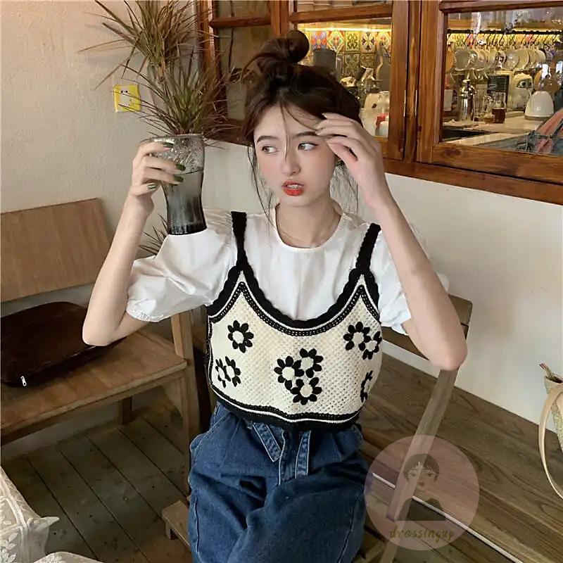 DRE-Women Summer Knitted Camisole,Flower Embroidery Sleeveless Sling Tank Tops