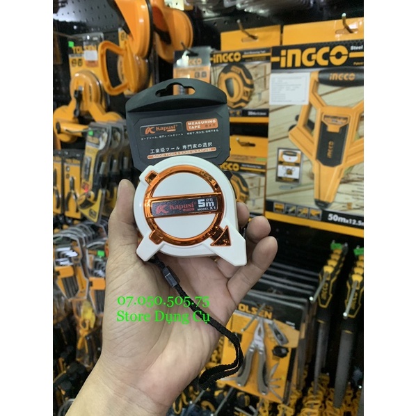 Thước rút, Thước cuộn 2 mặt Kapusi Nhật Bản dài 5m bản rộng 25mm màu trắng có lỗ ban phong thủy K-7056 K-7507